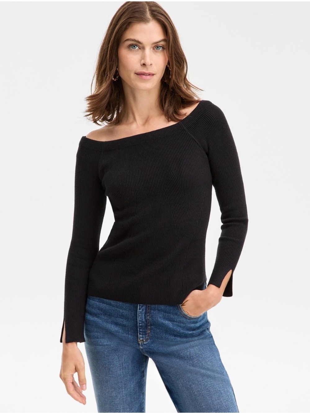 INC International Concepts Black Off-the-Shoulder Ribbed Sweater